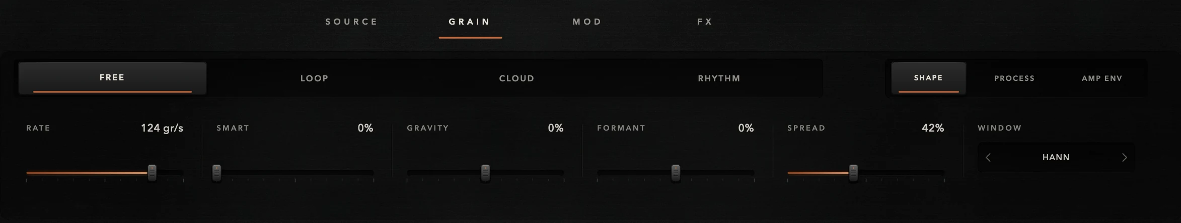 GRAIN SHAPE view with modes and grain shape controls