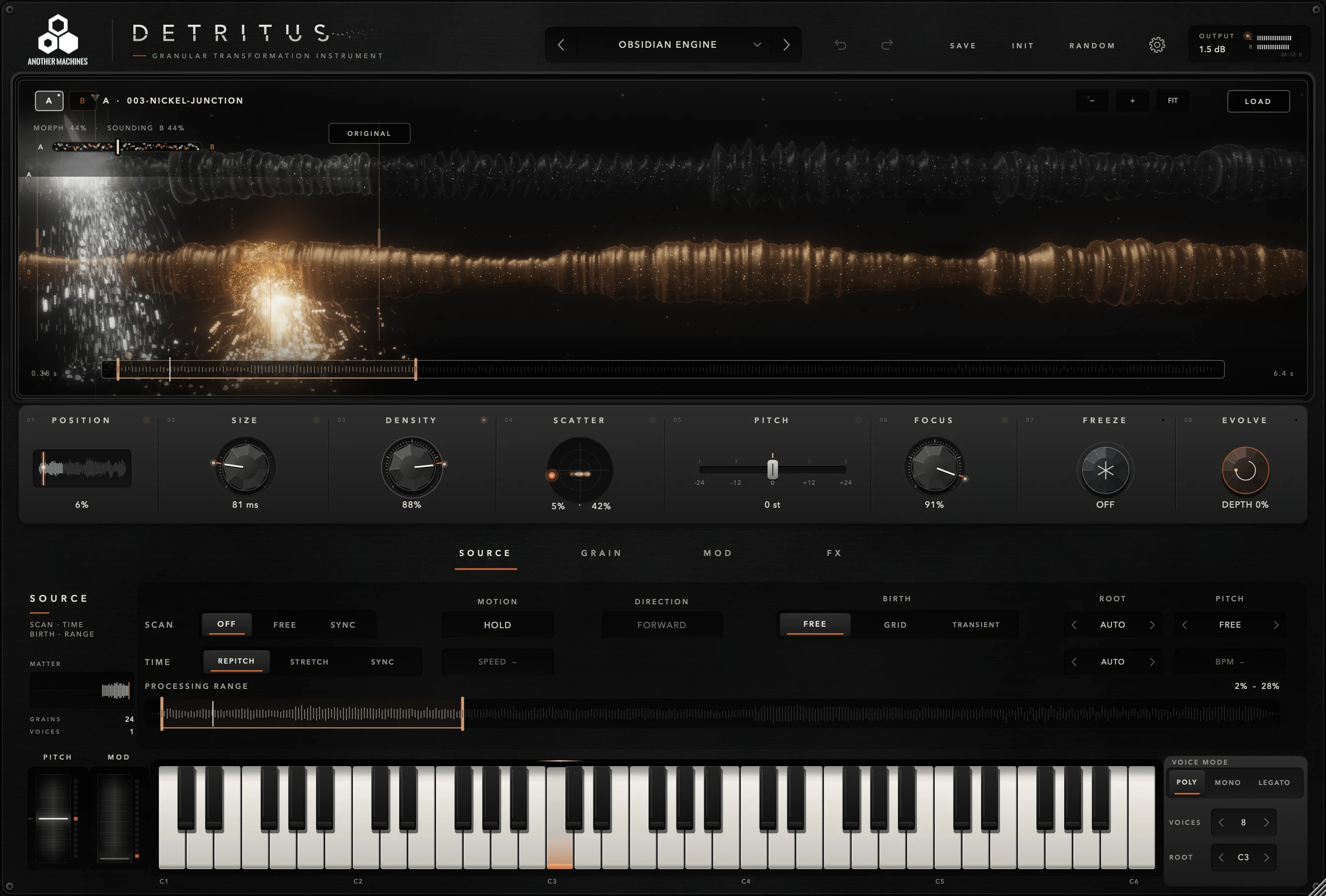 The complete DETRITUS interface playing the Obsidian Engine preset