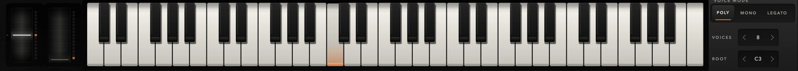 PITCH and MOD wheels, keyboard with an active note and voice controls