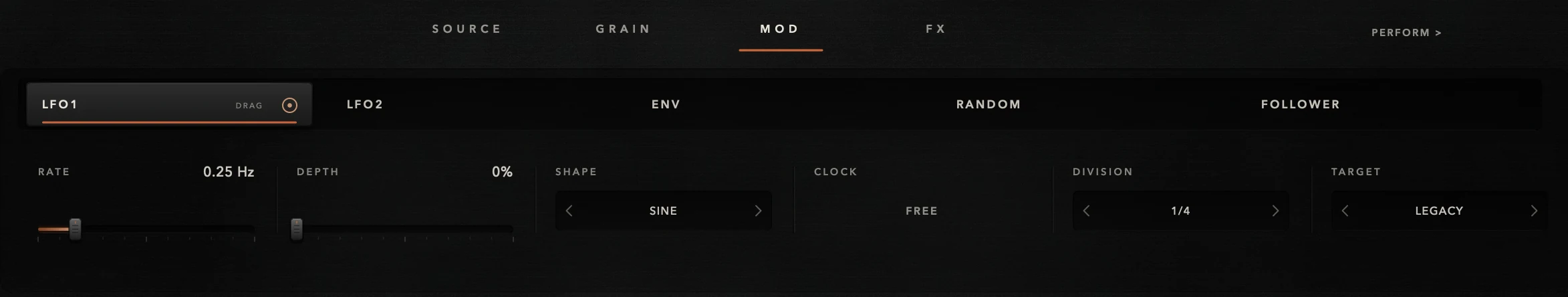 MOD LFO1 with its DRAG handle