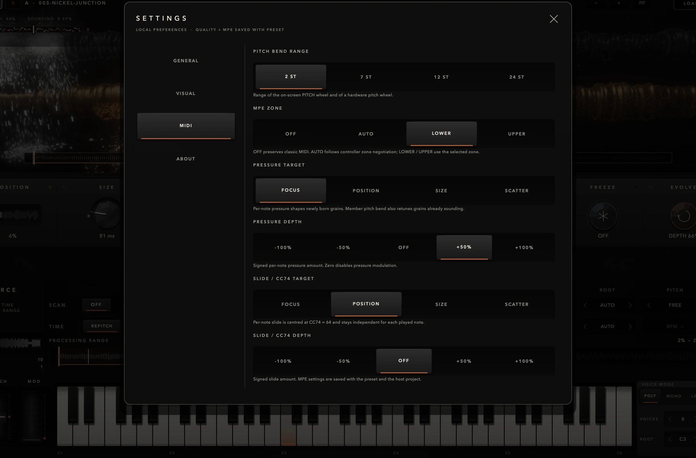 SETTINGS MIDI with MPE LOWER active: a note with pressure, CC74 and pitch bend