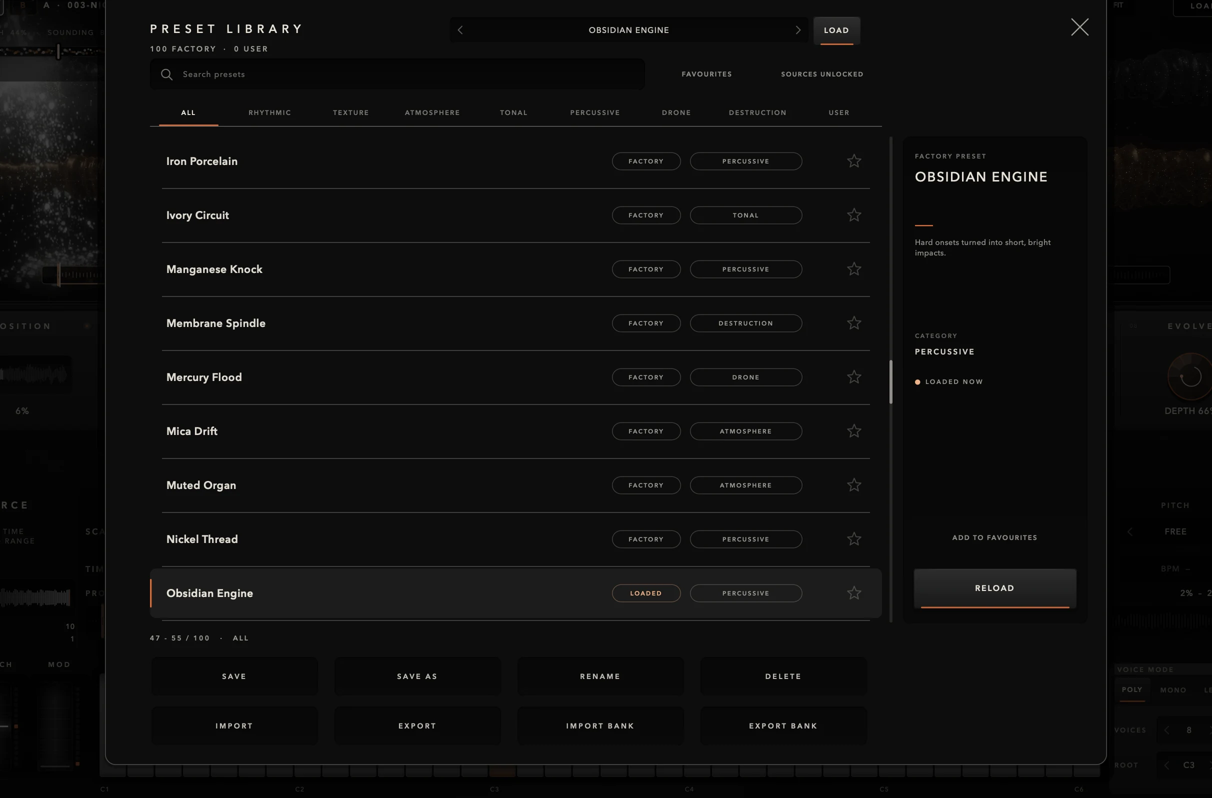 PRESET LIBRARY with Obsidian Engine loaded and its info card