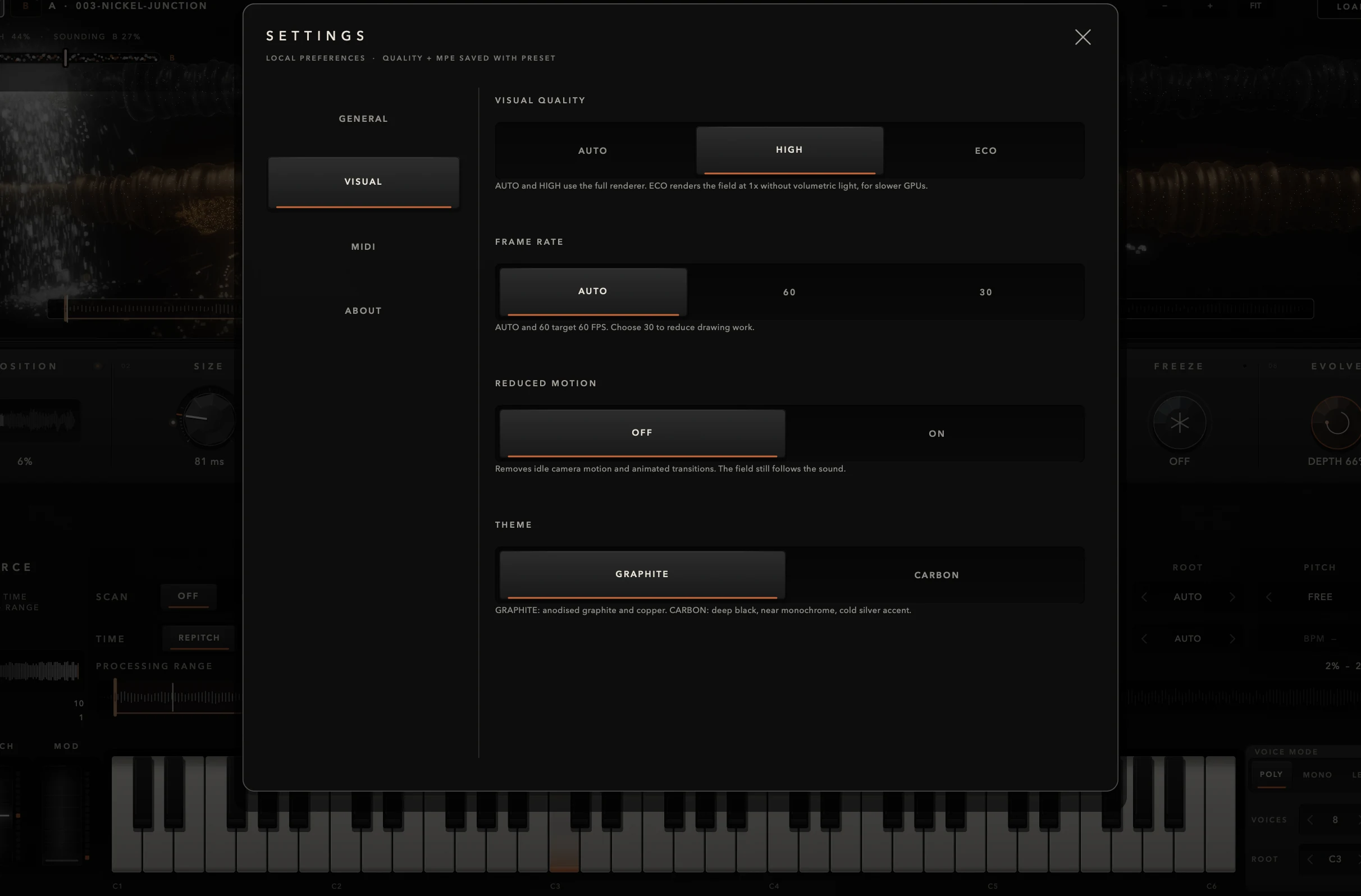SETTINGS VISUAL with quality, frame rate, reduced motion and theme