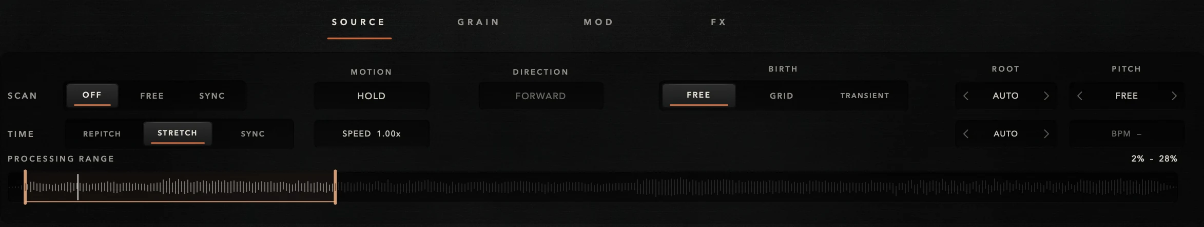 SOURCE tab with TIME set to STRETCH and SPEED 1.00x