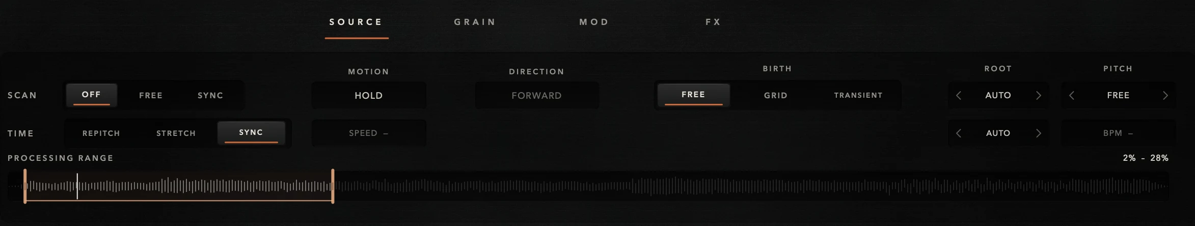 SOURCE tab with TIME set to SYNC
