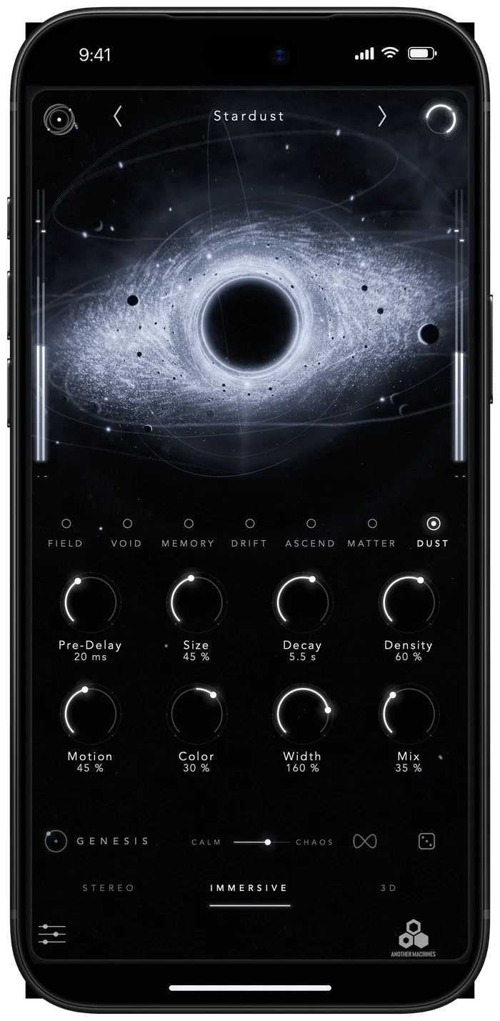 EOLIA on iPhone in portrait with the DUST engine