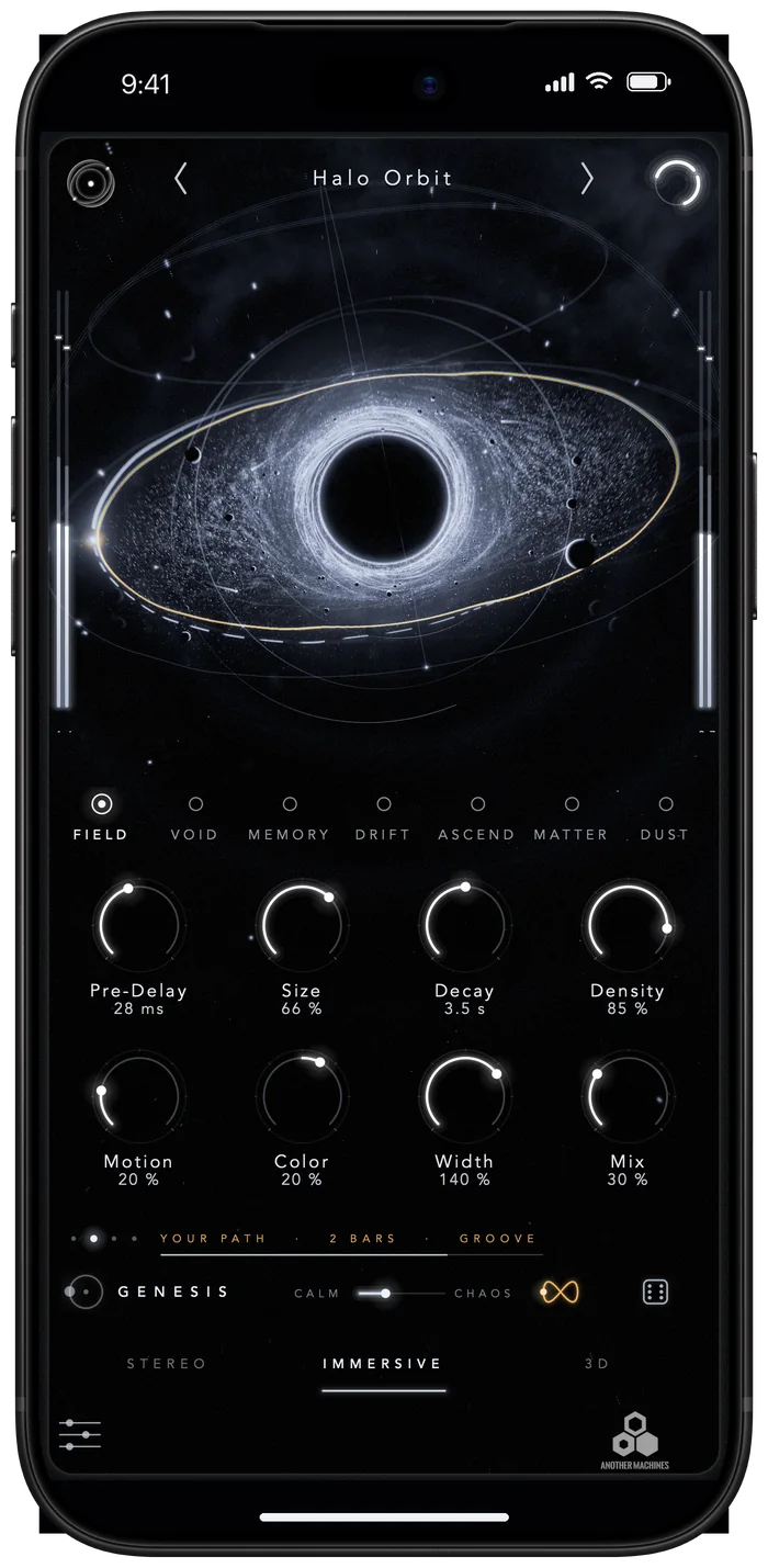 EOLIA on iPhone in portrait: a drawn GENESIS path in gold