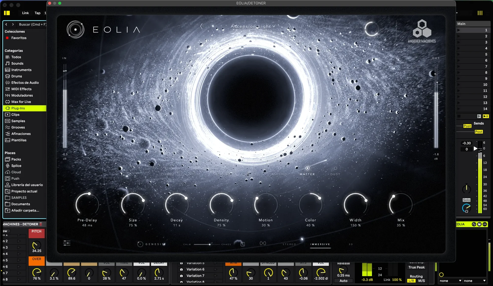 EOLIA open in Ableton Live on macOS with the Ascension Light preset
