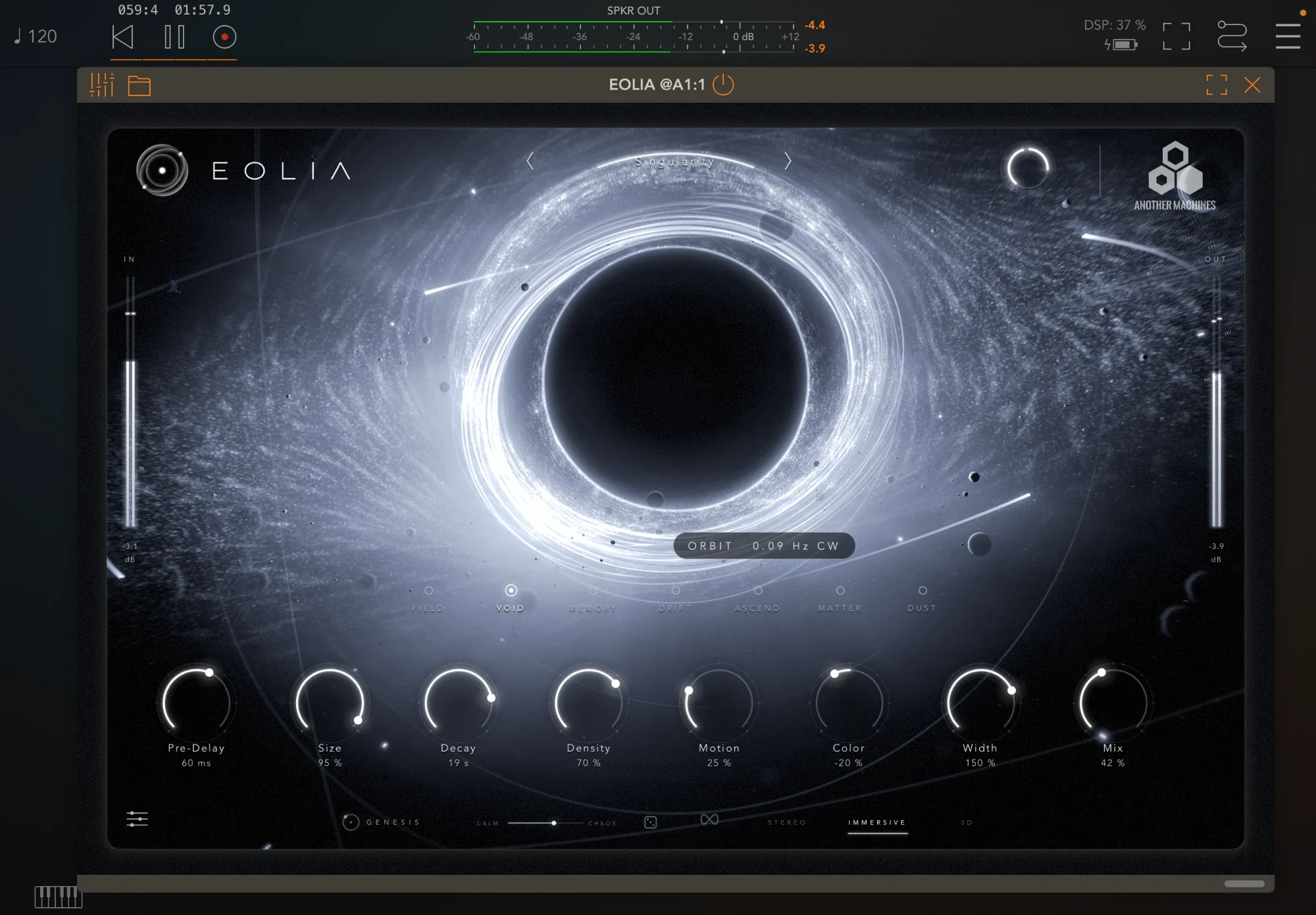 EOLIA running as an AUv3 inside AUM on iPad, Singularity preset on VOID, the tail orbiting at 0.09 Hz
