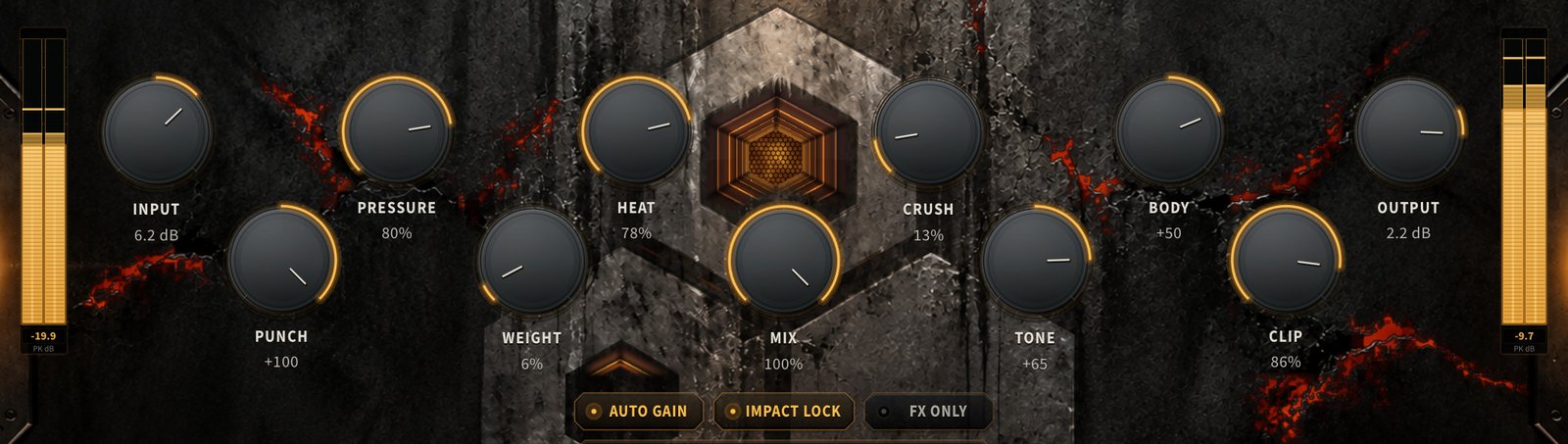 MUUR for iOS main engine on iPad: INPUT, PRESSURE, HEAT, CRUSH, BODY and OUTPUT on the top row; PUNCH, WEIGHT, MIX, TONE and CLIP below, with the hexagonal core at the centre.
