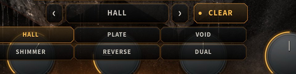 The open SPACE engine menu on iPad: HALL, PLATE, VOID, SHIMMER, REVERSE and DUAL.