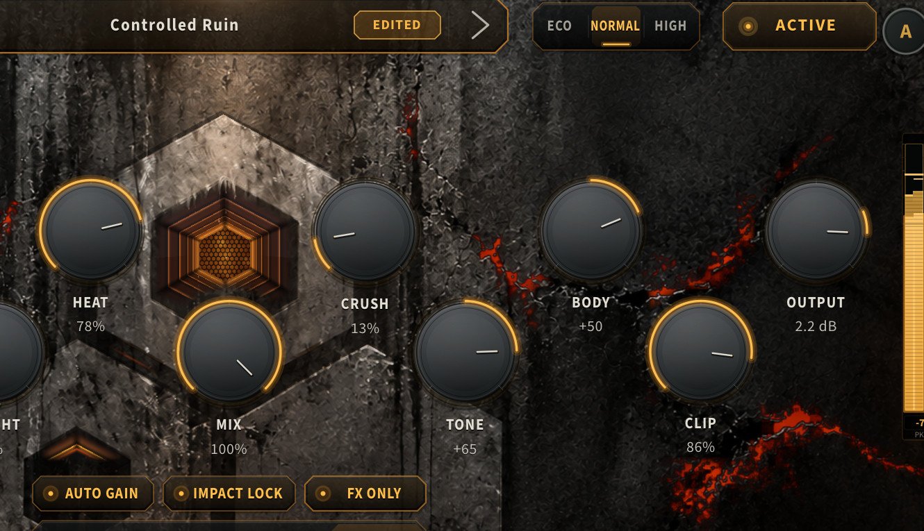 MUUR for iOS on iPad: the ECO, NORMAL and HIGH quality selector in the header and FX ONLY lit among the global switches.