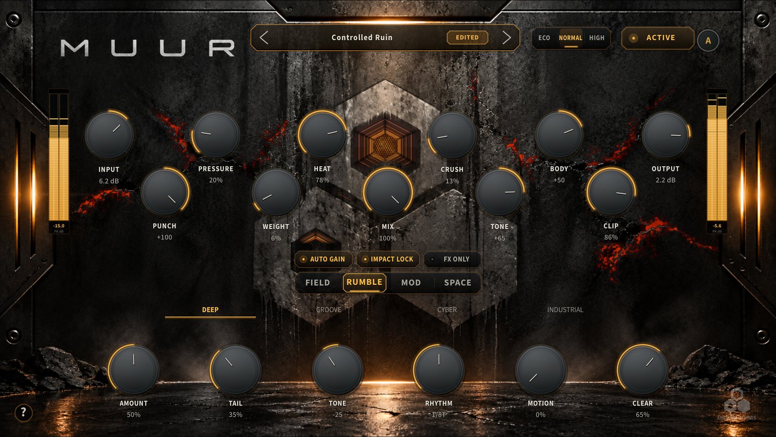 MUUR for iOS on iPad with the RUMBLE page open in DEEP mode, showing AMOUNT, TAIL, TONE, RHYTHM, MOTION and CLEAR.