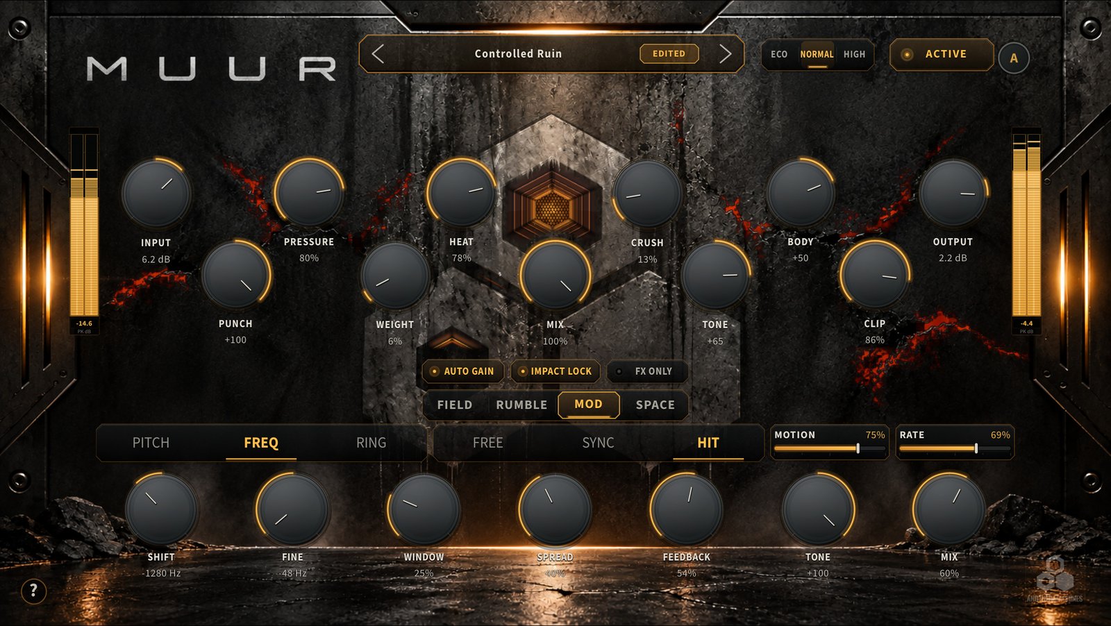 MUUR for iOS on iPad with the MOD page open: PITCH, FREQ and RING with FREQ selected, FREE, SYNC and HIT, MOTION and RATE bars, and SHIFT, FINE, WINDOW, SPREAD, FEEDBACK, TONE and MIX.