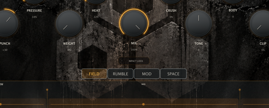 MUUR Impact Lock control beneath the Mix knob, with the FIELD, RUMBLE, MOD and SPACE tab row below it.