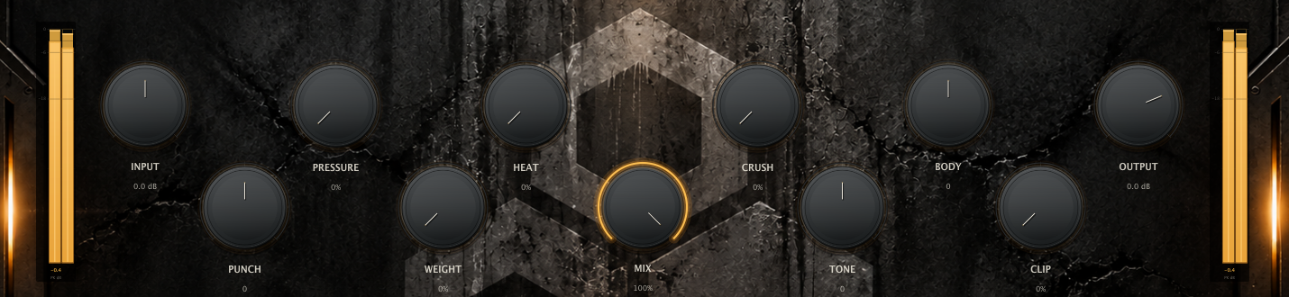 MUUR input and output VU meters in warm amber, either side of the main knob row.