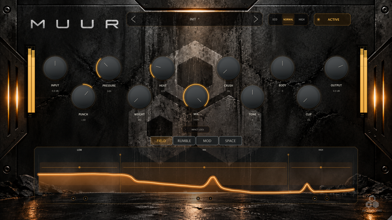 MUUR FIELD tab active, showing the LOW/MID/HIGH curve with movable crossovers and mute/solo controls beneath the graph.