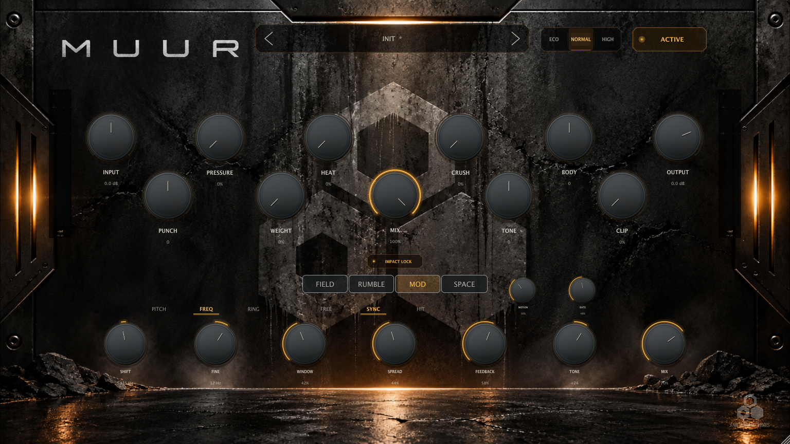 MUUR MOD tab active with FREQ algorithm and SYNC mode selected, showing Shift, Fine, Window, Spread, Feedback, Tone, Motion, Rate and Mix knobs.