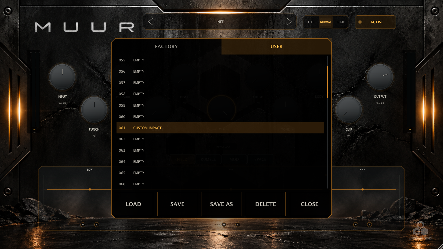 MUUR preset browser overlay with Factory and User tabs, a preset list and Load, Save, Save As, Delete and Close buttons.