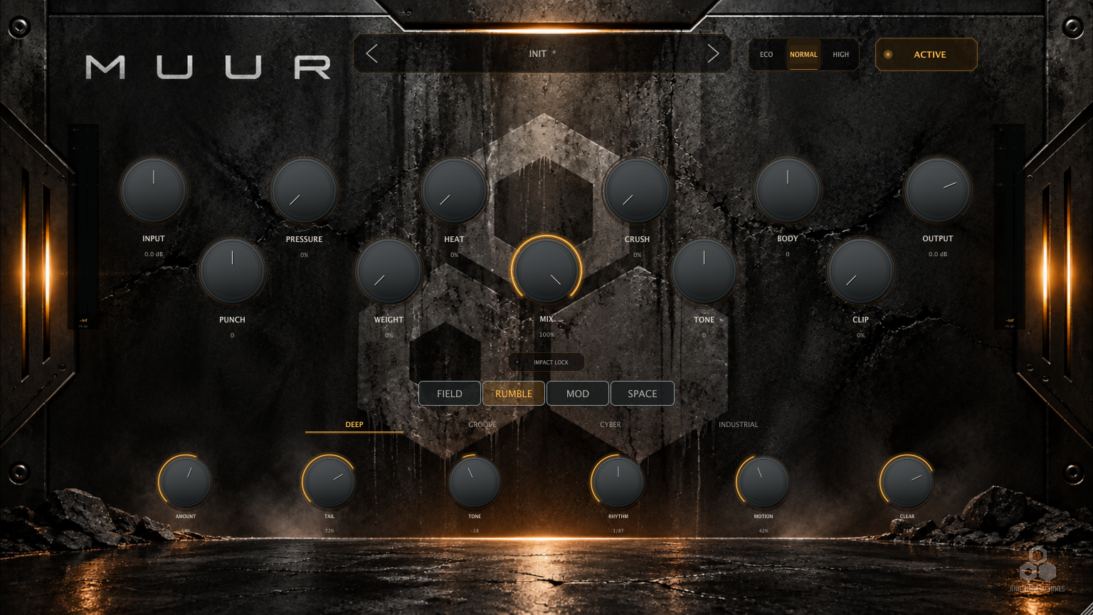 MUUR RUMBLE tab active in DEEP mode, with Amount, Tail, Tone, Rhythm, Motion and Clear knobs.