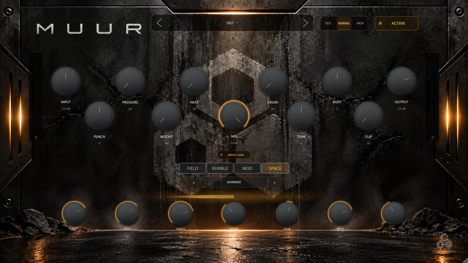 MUUR SPACE tab active with the SHIMMER engine selected, showing Size, Decay, Density, Motion, Color, Width and Mix knobs.