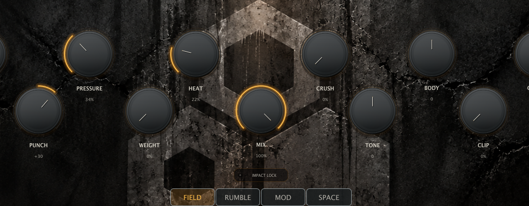 MUUR Main Engine knob row: Input, Pressure, Punch, Heat, Weight, Mix, Crush, Tone, Body and Output, with Impact Lock below.