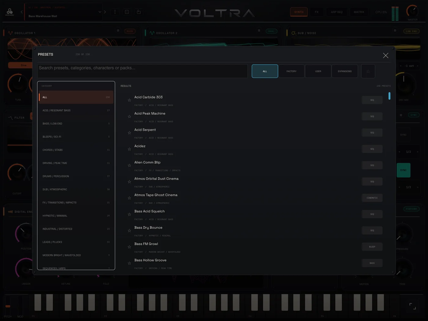 Preset Browser with search, categories, tags and favorites