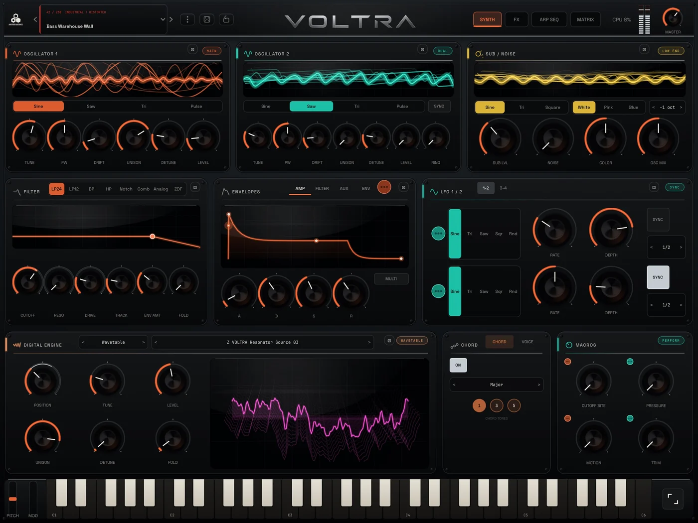 Wavetable mode with its live wavetable display, Steel skin