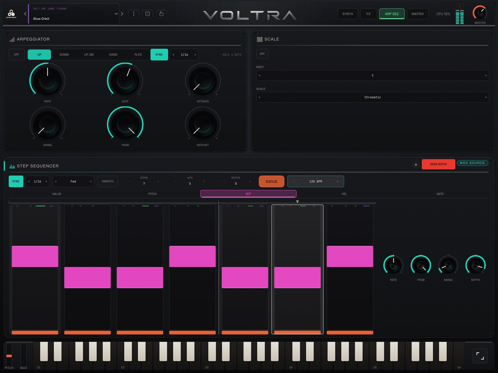 VOLTRA Synth for iPad Arpeggiator, Scale and 32-step Sequencer with the Send Notes button and Euclidean generation controls visible.