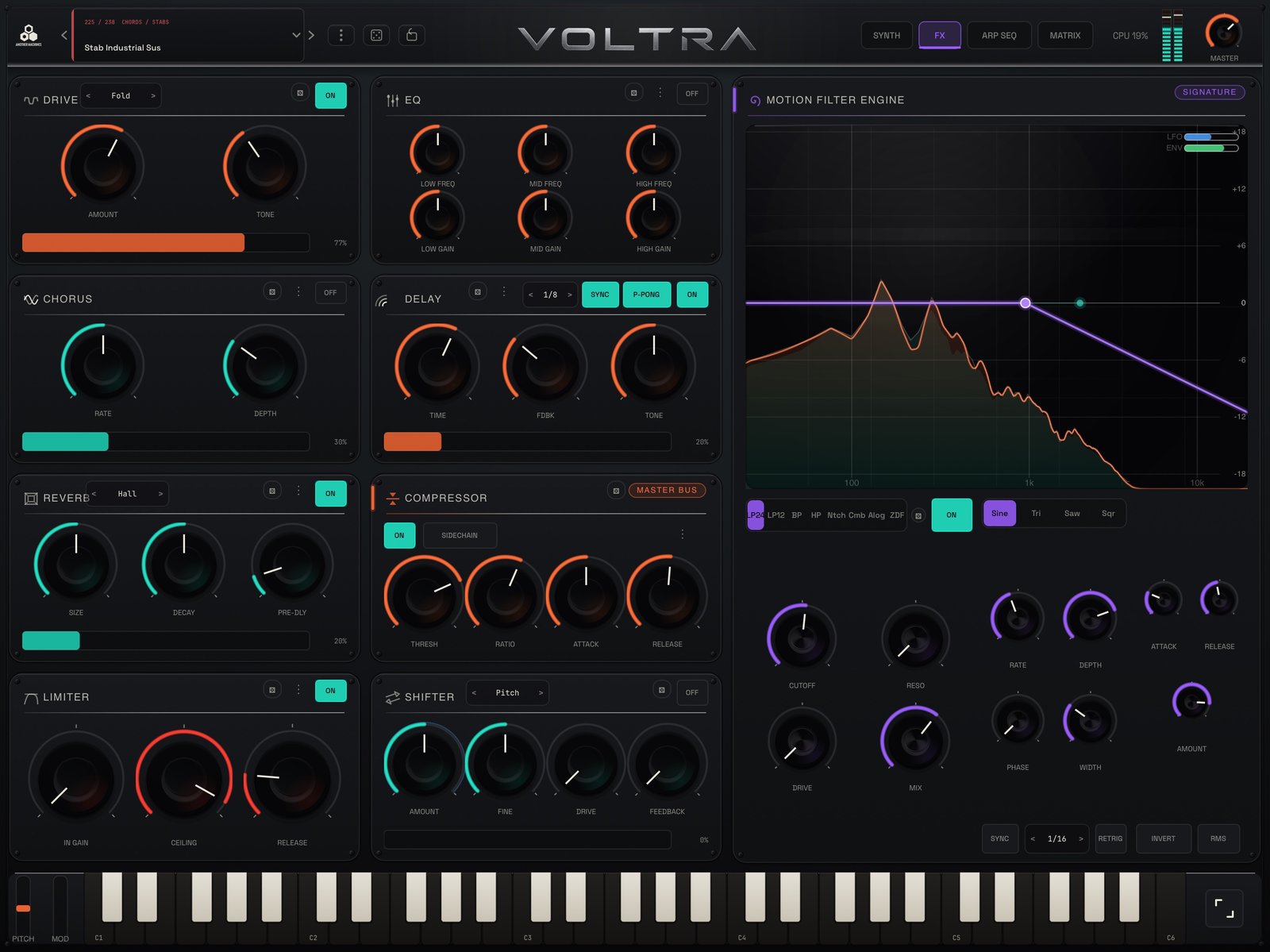 VOLTRA Synth for iPad FX rack with the Motion Filter's live analyzer graph and effect modules visible.