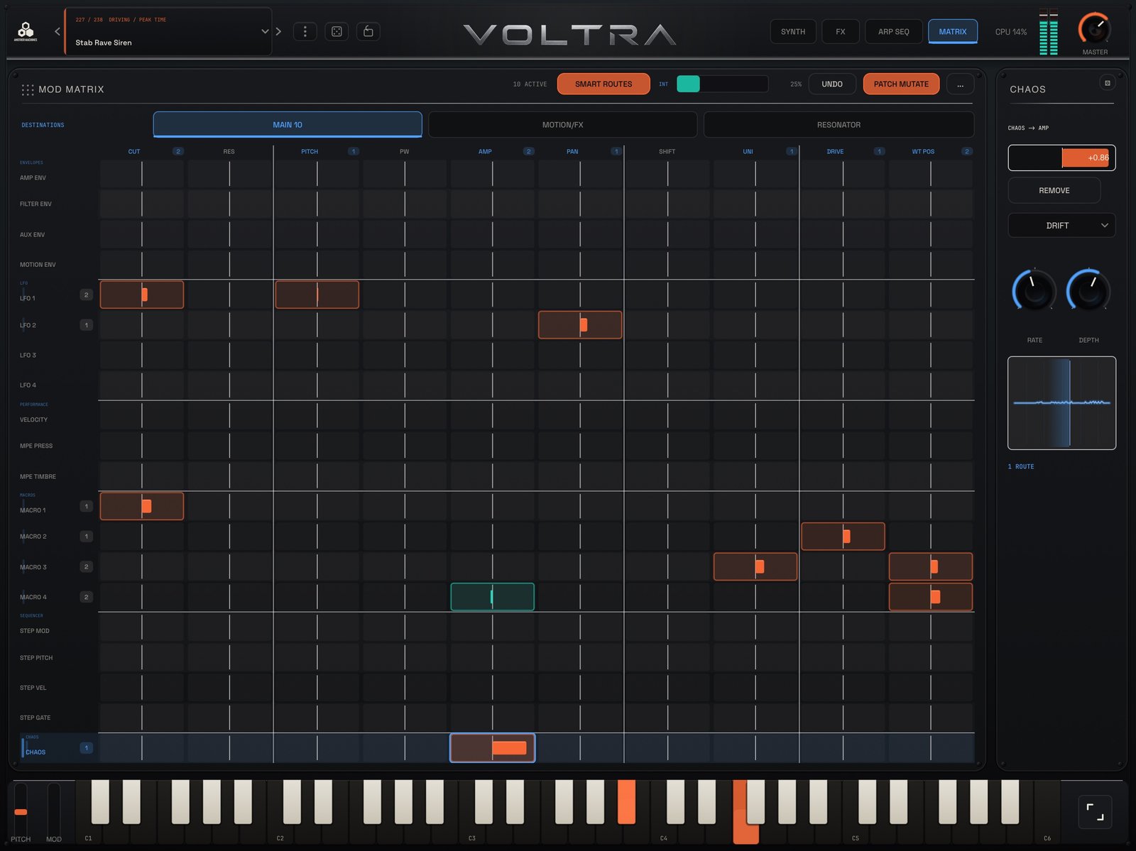 VOLTRA Synth for iPad Modulation Matrix with source and destination routing and the Chaos panel, with Main, Motion FX and Resonator tabs visible.