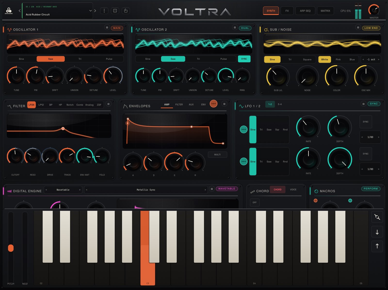 VOLTRA Synth for iPad expanded Play view with a larger on-screen keyboard, pitch and mod sliders, and octave controls.