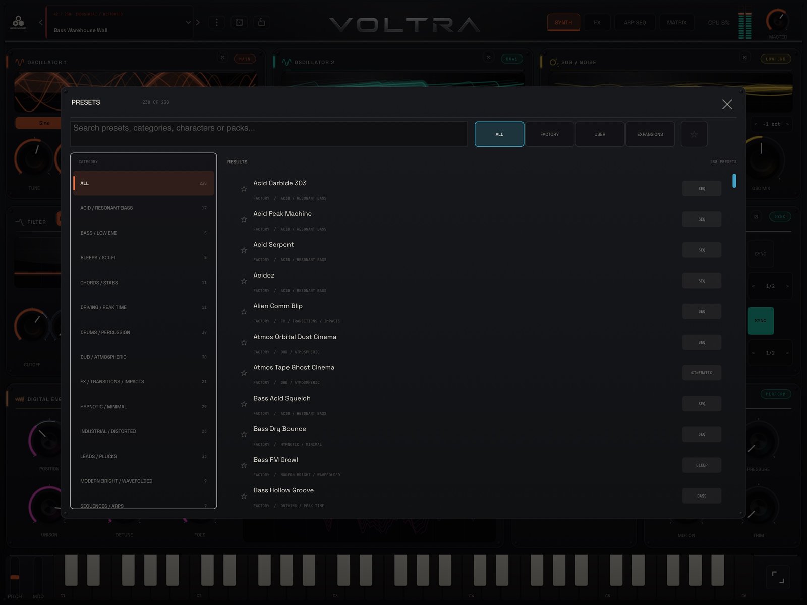 VOLTRA Synth for iPad Preset Browser showing 238 of 238 presets, a search bar and categories such as Drums/Percussion and Hypnotic/Minimal with counts.
