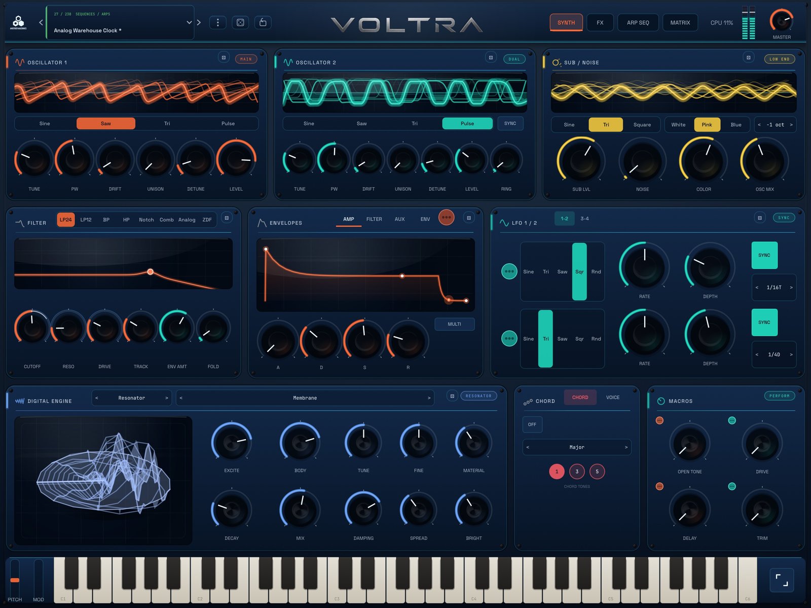 VOLTRA Synth for iPad Digital Engine set to Resonator mode in the Blueprint skin, with the live cymatic display and excitation, body, material, damping, decay and mix controls.