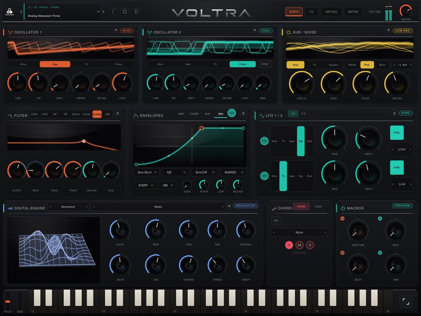 VOLTRA Synth for iPad main instrument view in the Dark skin, with the analog-style oscillator row, Sub/Noise section and Digital Engine visible.