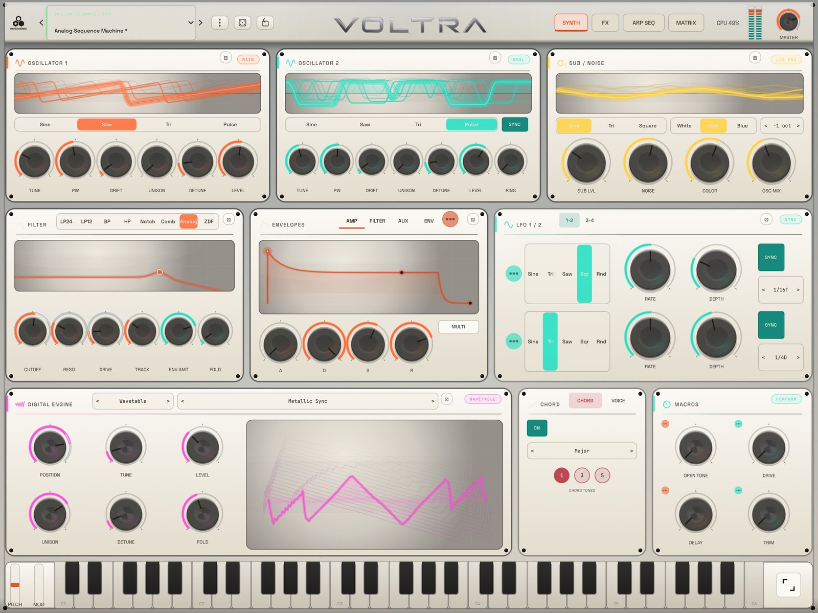 VOLTRA Synth for iPad in the Dawn skin, a warm cream interface treatment with the Wavetable engine active.