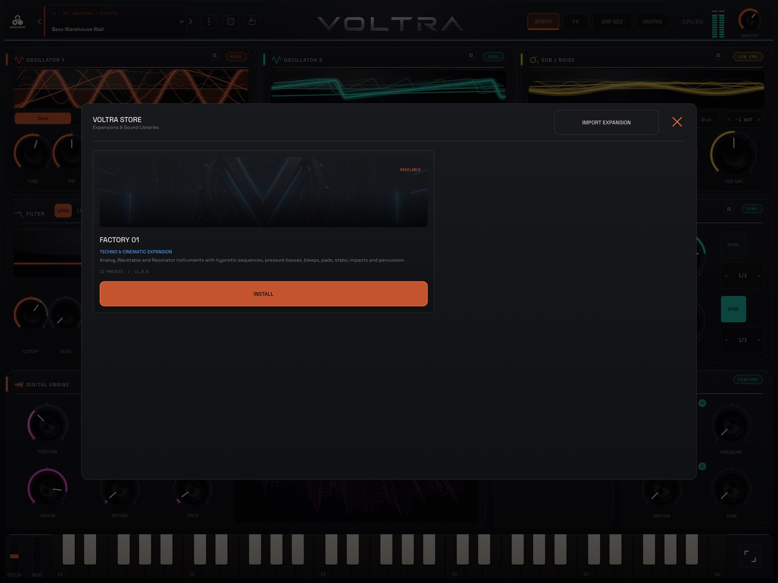 VOLTRA Synth for iPad internal Store showing Factory Expansion 01 with 22 presets, version 1.8.0 and an Install button.