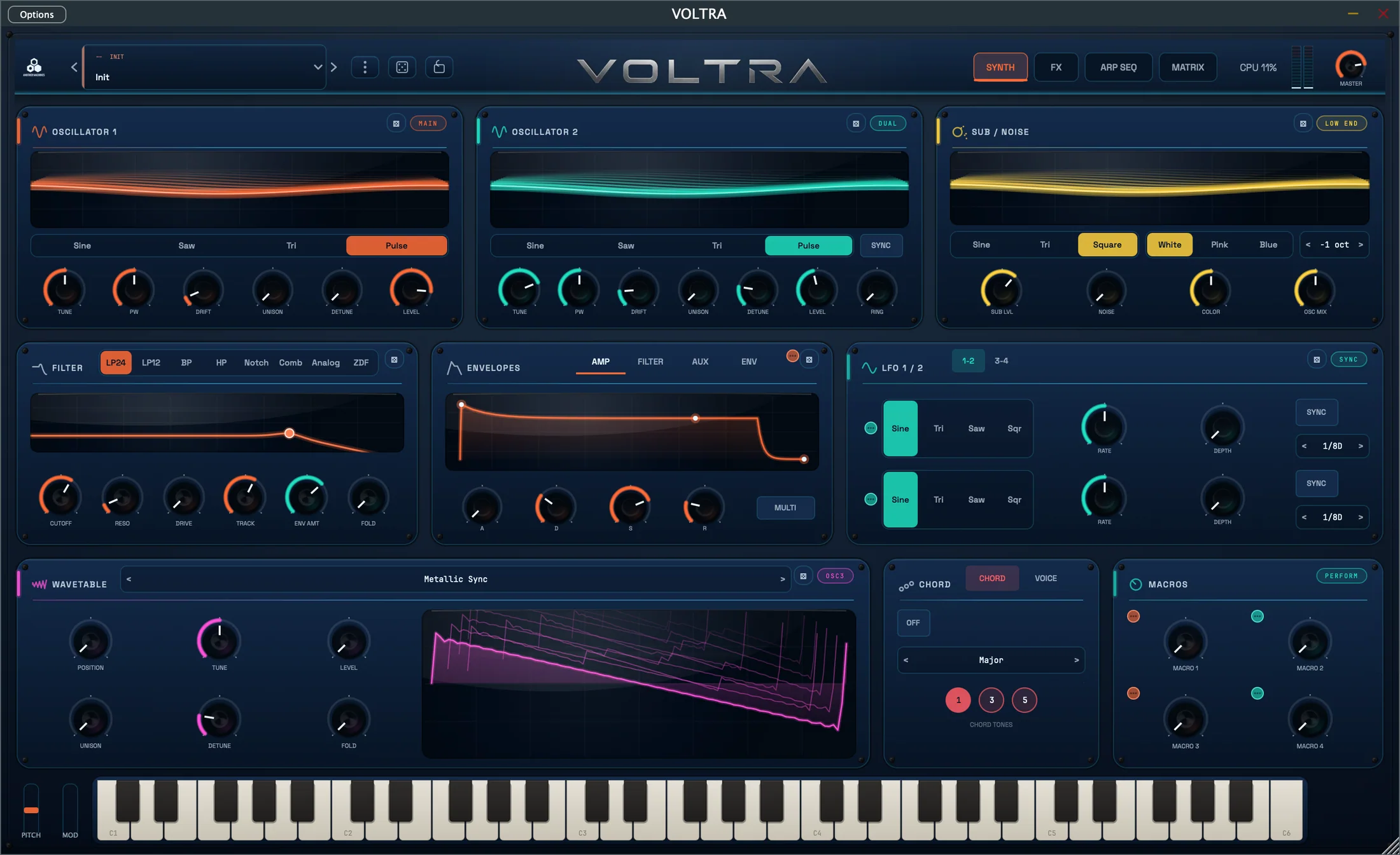 VOLTRA Blueprint skin with blue technical panels and detailed modulation controls.