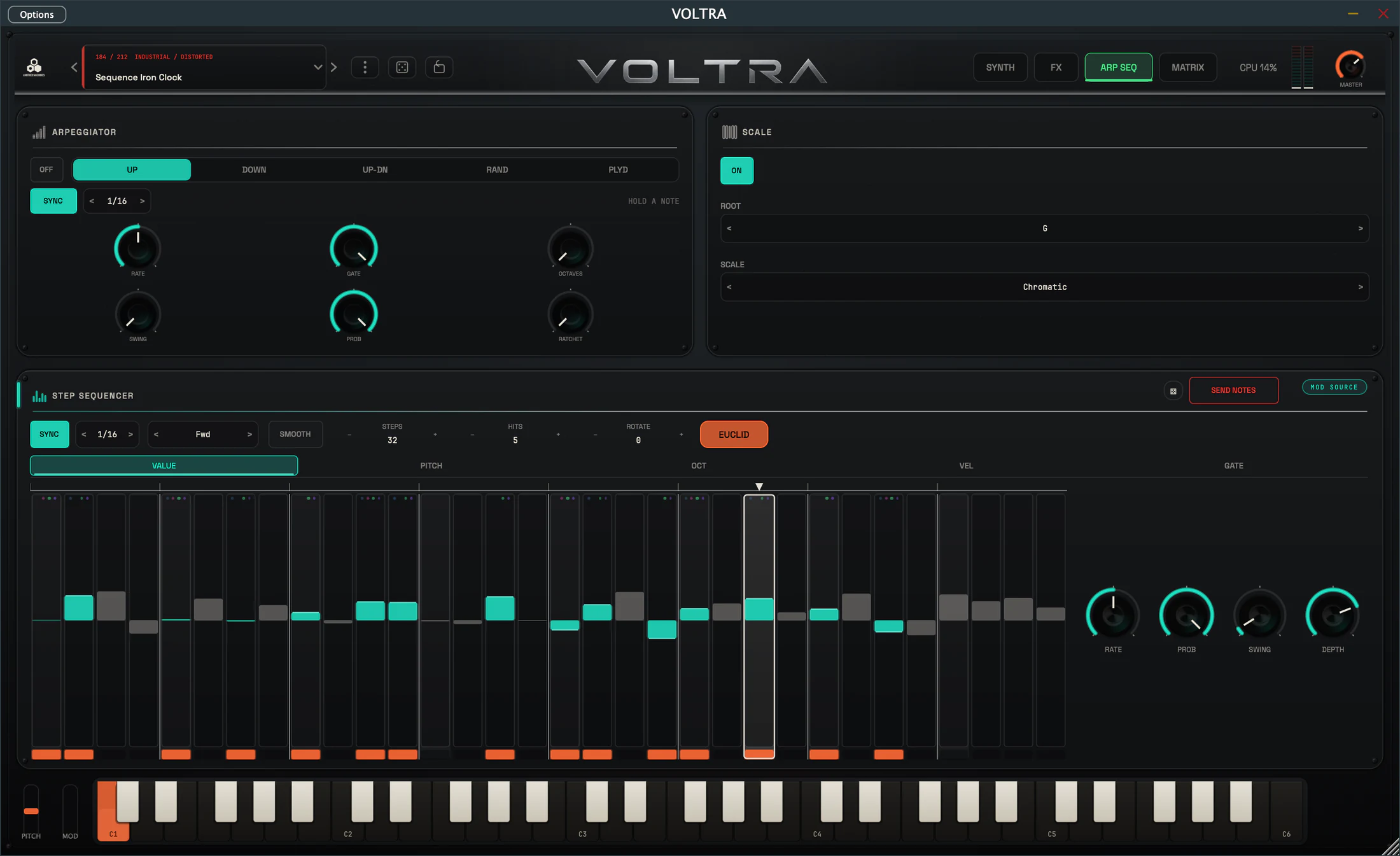 VOLTRA ARP SEQ page with Euclidean pattern controls, step lanes, arpeggiator settings and sequencing modulation.