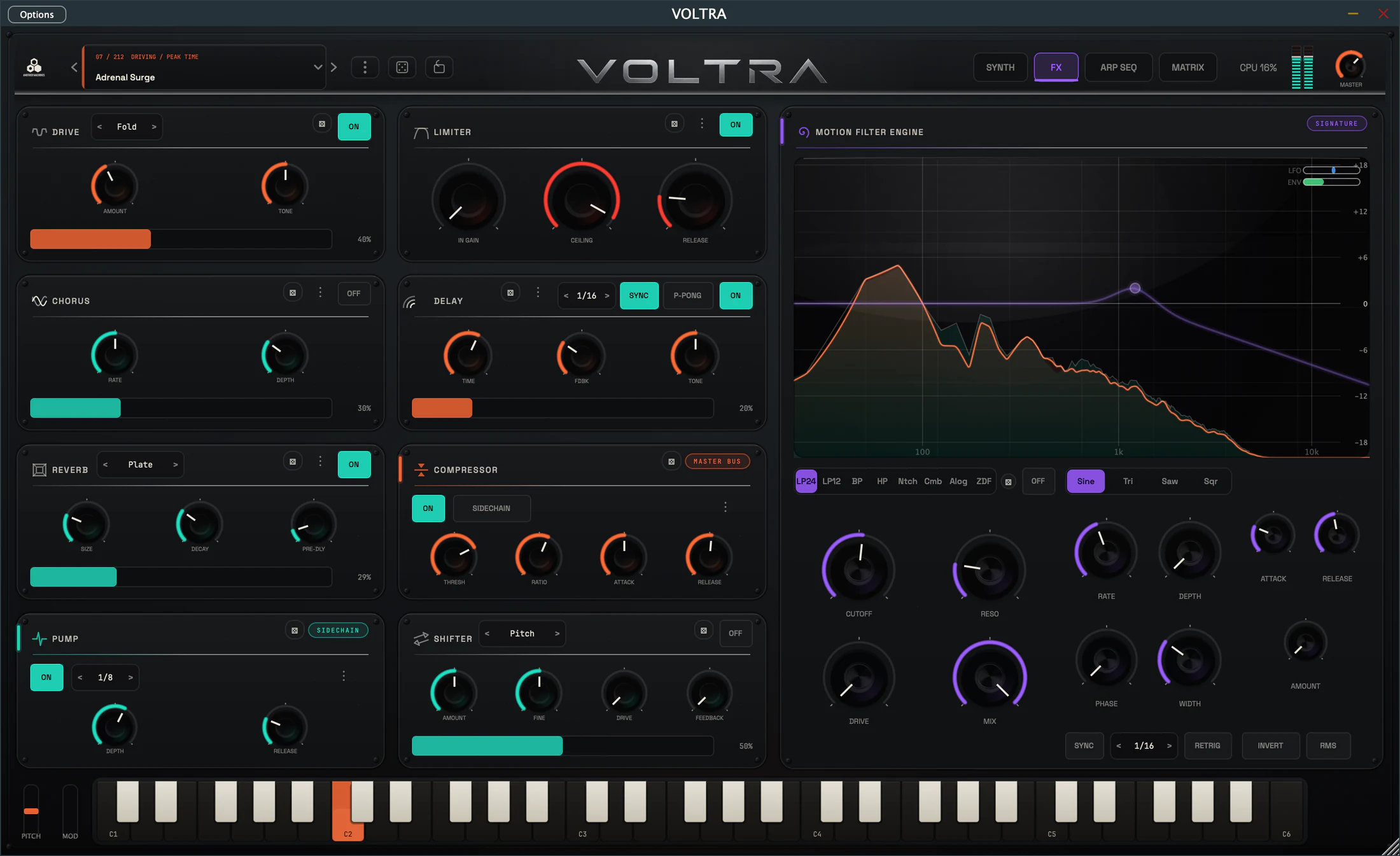 VOLTRA FX page with Motion Filter, analyzer display, active effect modules and animated filter movement.