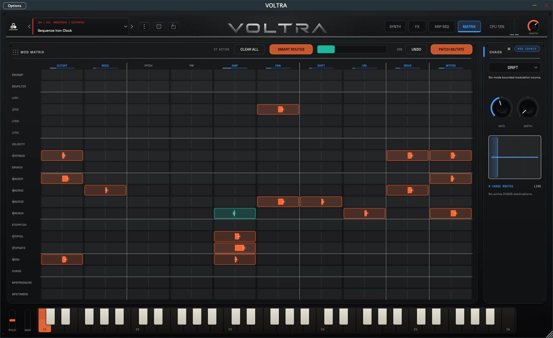 VOLTRA Matrix page with modulation sources, targets, route amounts and live modulation movement.