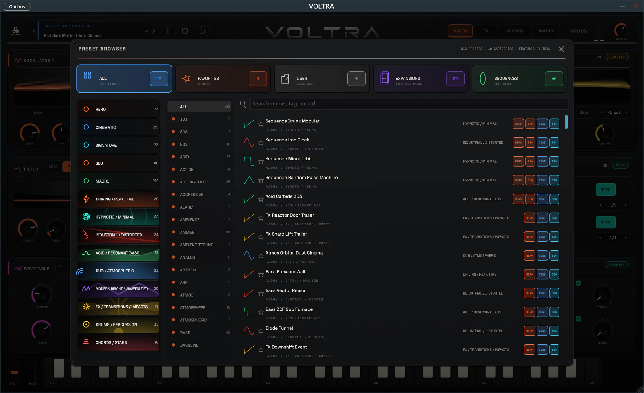 VOLTRA Preset Browser showing Factory presets, user storage, expansion access, tags, categories and Favorites.