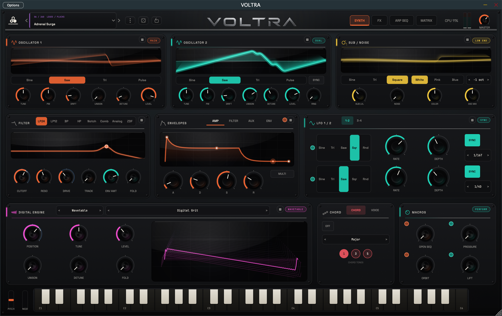 VOLTRA 1.0.1 interface playing a preset with oscillator scopes, filter movement, digital engine, macros and live meters visible.