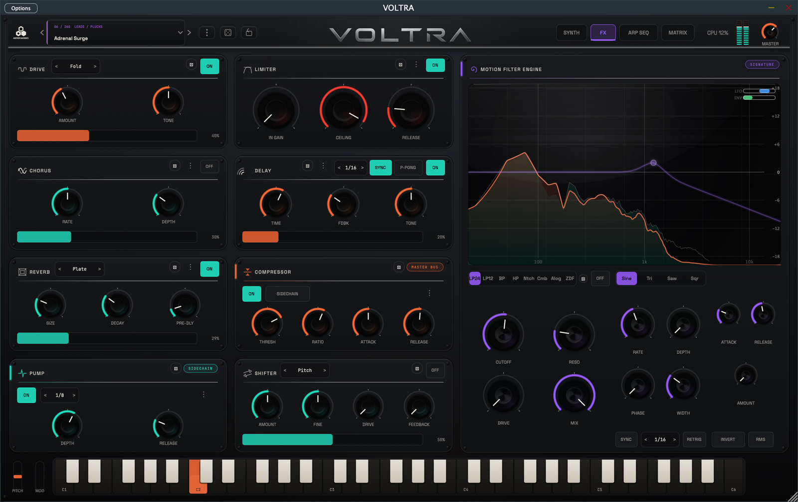 VOLTRA FX page with Motion Filter, analyzer display, active effect modules and animated filter movement.