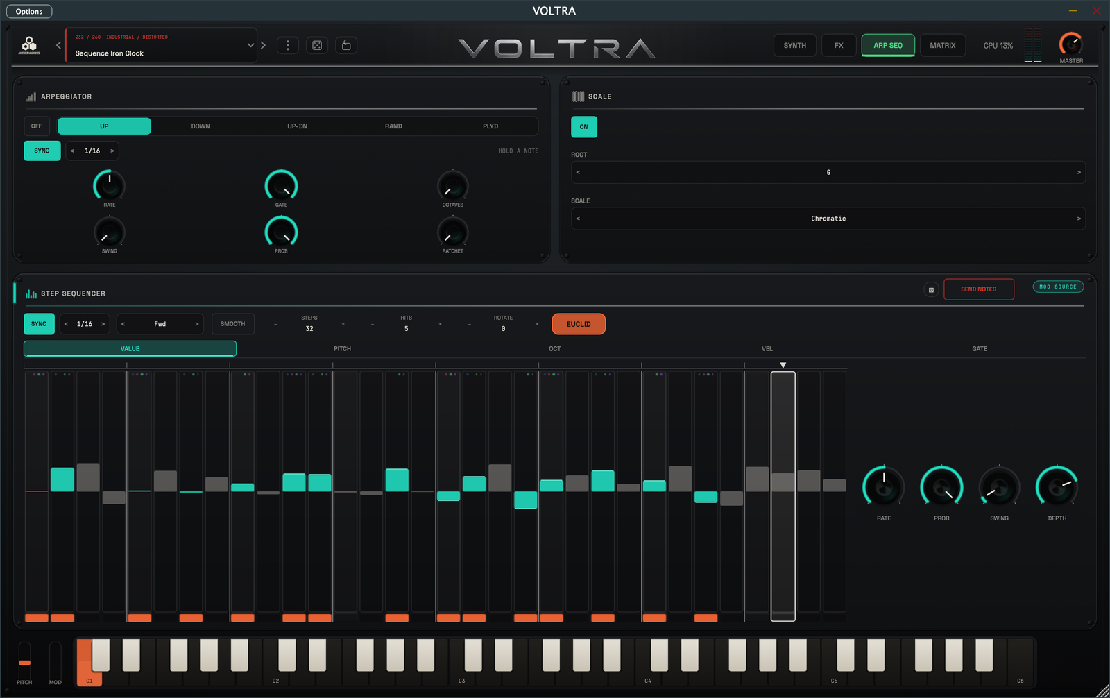 VOLTRA ARP SEQ page with an active step pattern, Send Notes button, arpeggiator settings and sequencing modulation.