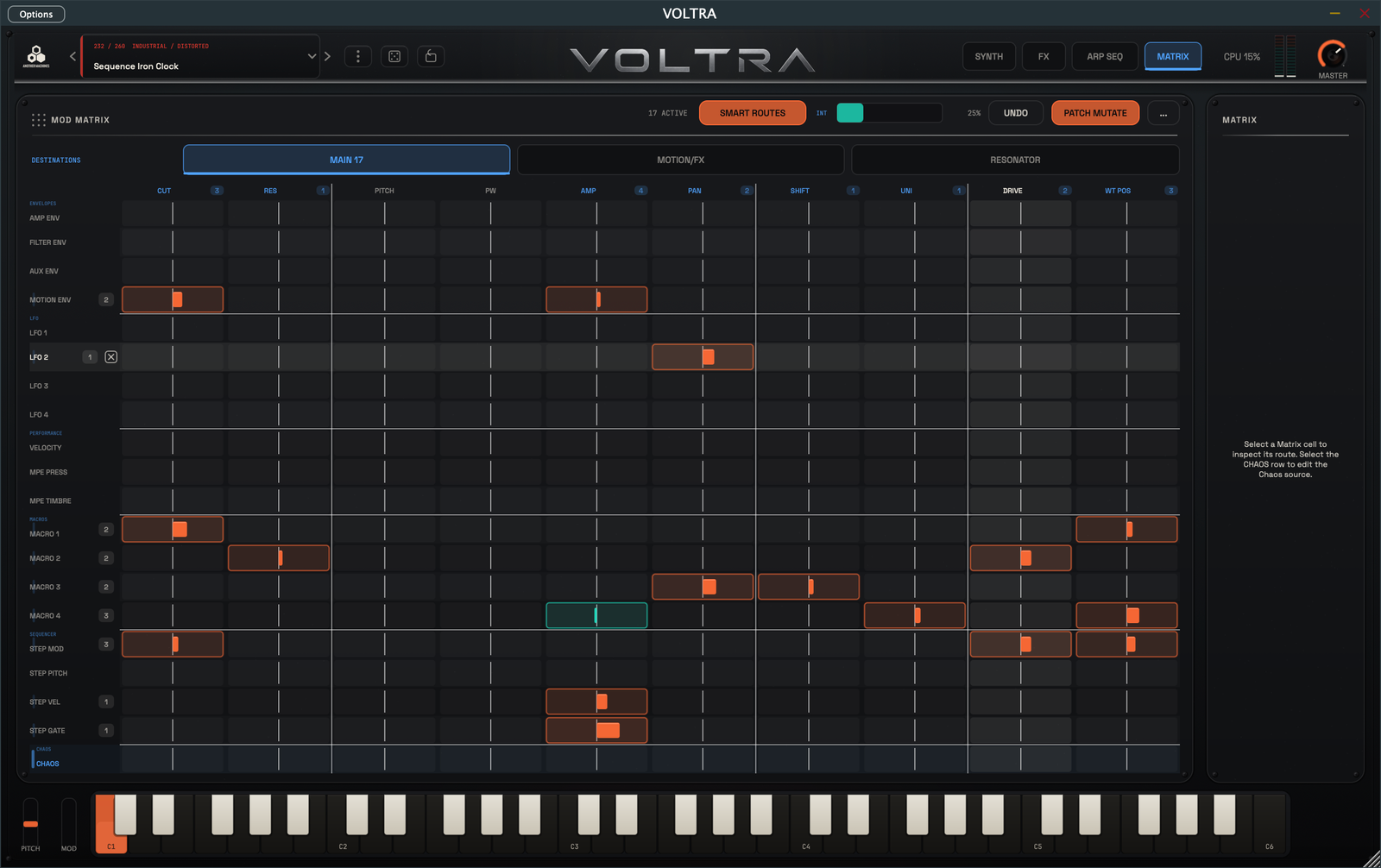VOLTRA Matrix page with modulation sources, targets, route amounts and live modulation movement.