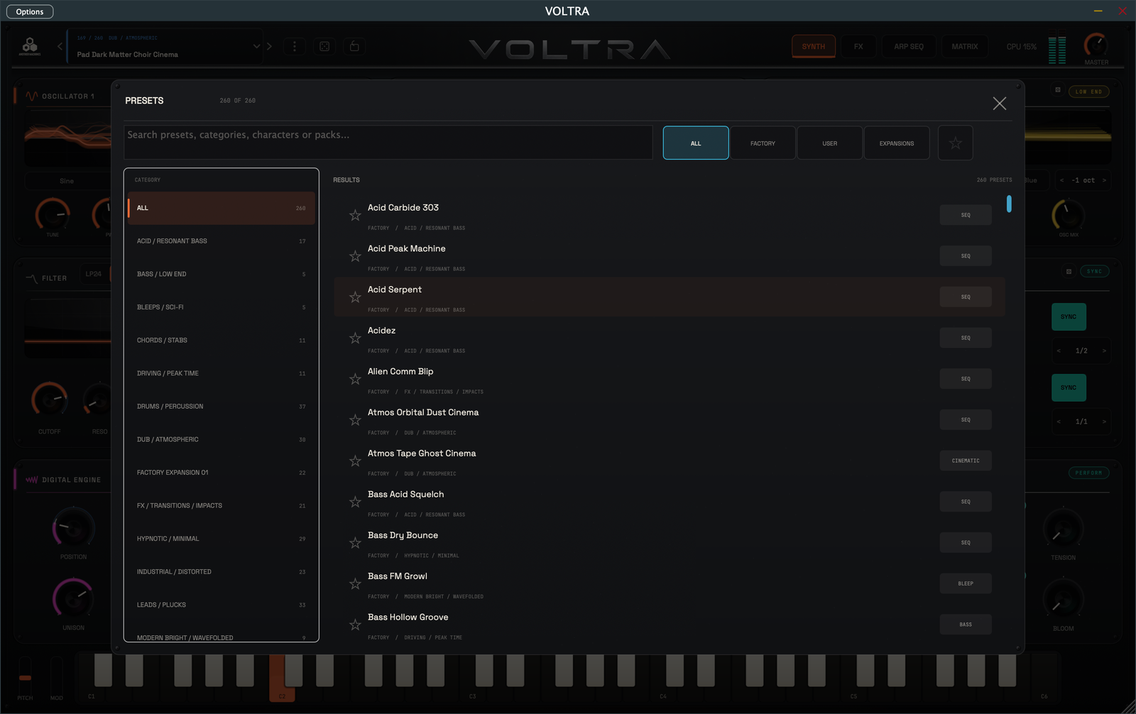 VOLTRA Preset Browser showing Factory, User and Expansion tabs, search, tags, categories and Favorites, with 260 total presets available.