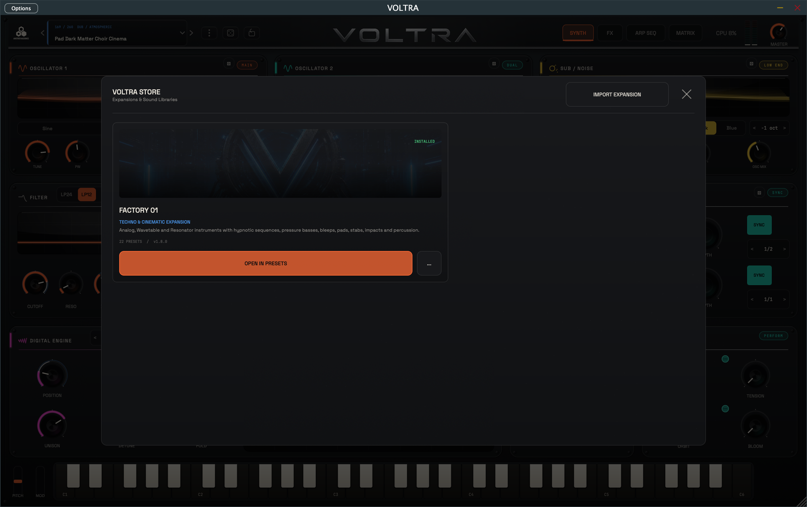 VOLTRA internal Store overlay showing Factory Expansion 01 installed.