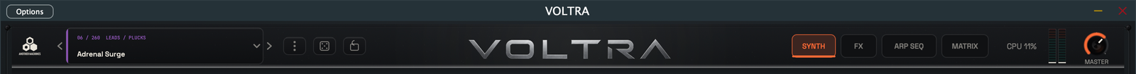 VOLTRA header with preset display, navigation and master meter.
