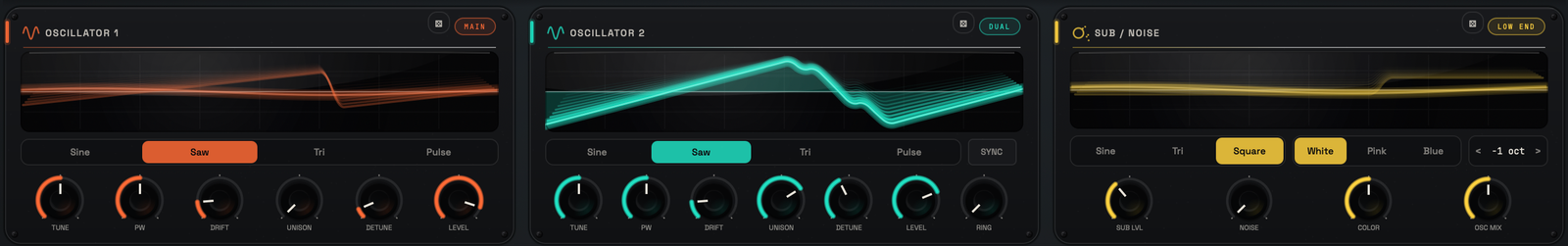VOLTRA oscillator row with waveform selection, sync, fold, ring modulation, unison and level controls.
